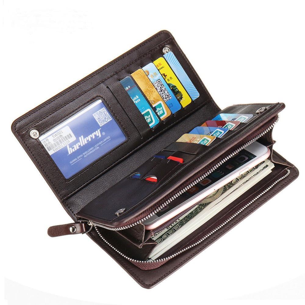 Mens Bifold Leather Wallet Large Capacity Long Wallet ID Card Holder Phone Bag