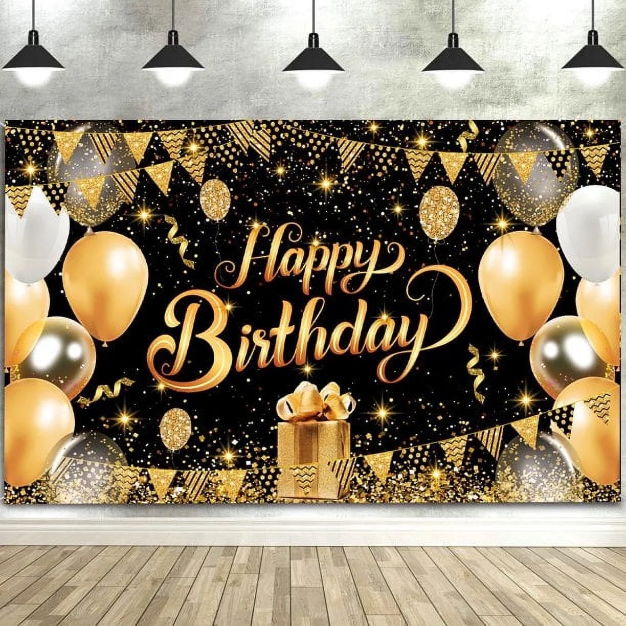 Happy Birthday Backdrop Banner Decoration Large Black Gold Balloon Star Party Sign Poster Photo Booth for Men Women 44" x 71" Glitter
