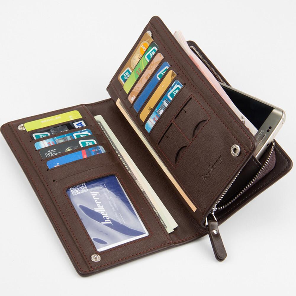 Mens Bifold Leather Wallet Large Capacity Long Wallet ID Card Holder Phone Bag