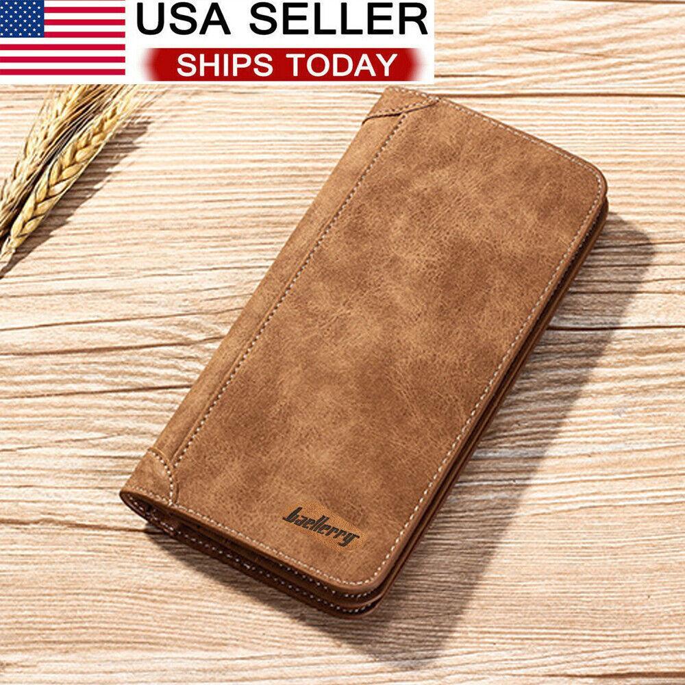 Leather Long Bifold Wallet for Men Cash Card Wallet Checkbook Credit Card Holder