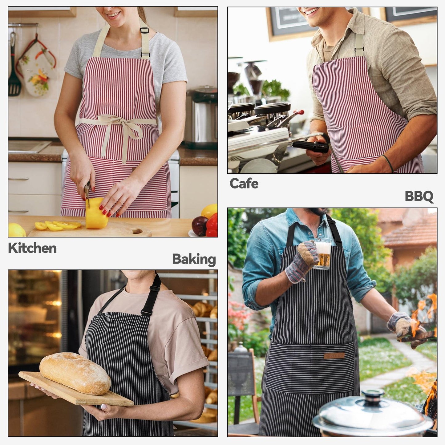 2 Pack Cooking Aprons for Women Men with 2 Pockets, 29.5" x 26.8" (Black Pinstripes/Pink Pinstripes)
