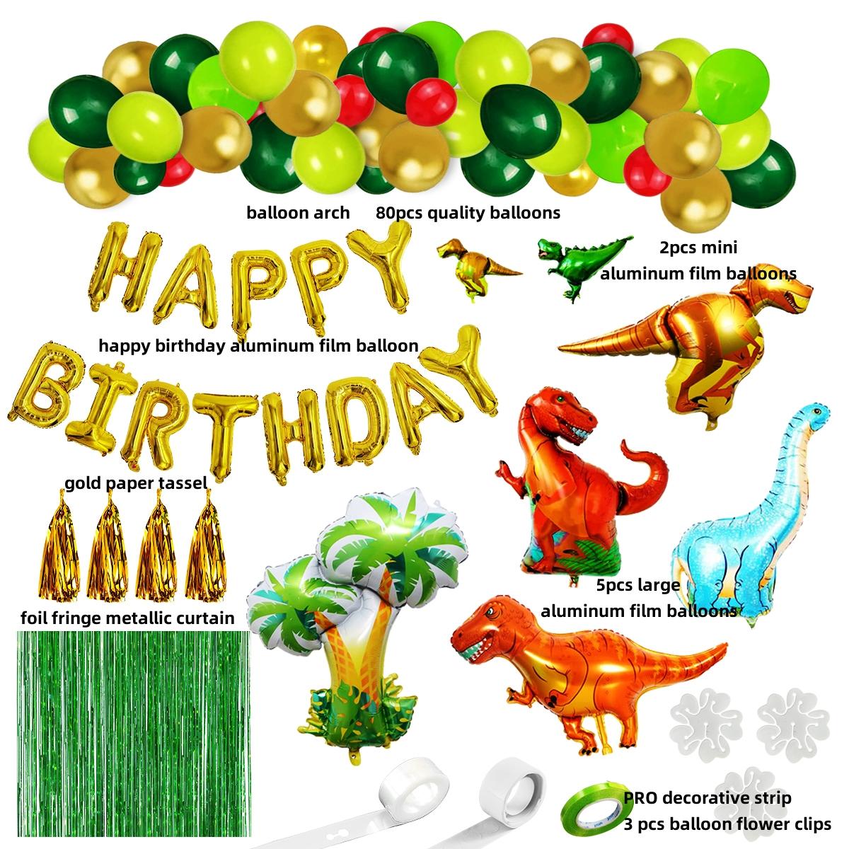 Dinosaur Birthday Party Decorations with Balloons, Arch Garland Kit, HAPPY BIRTHDAY Balloons, and Curtains in Gold and Green for Dino Themed Kid's Party, Shower, or Celebration 113Pcs