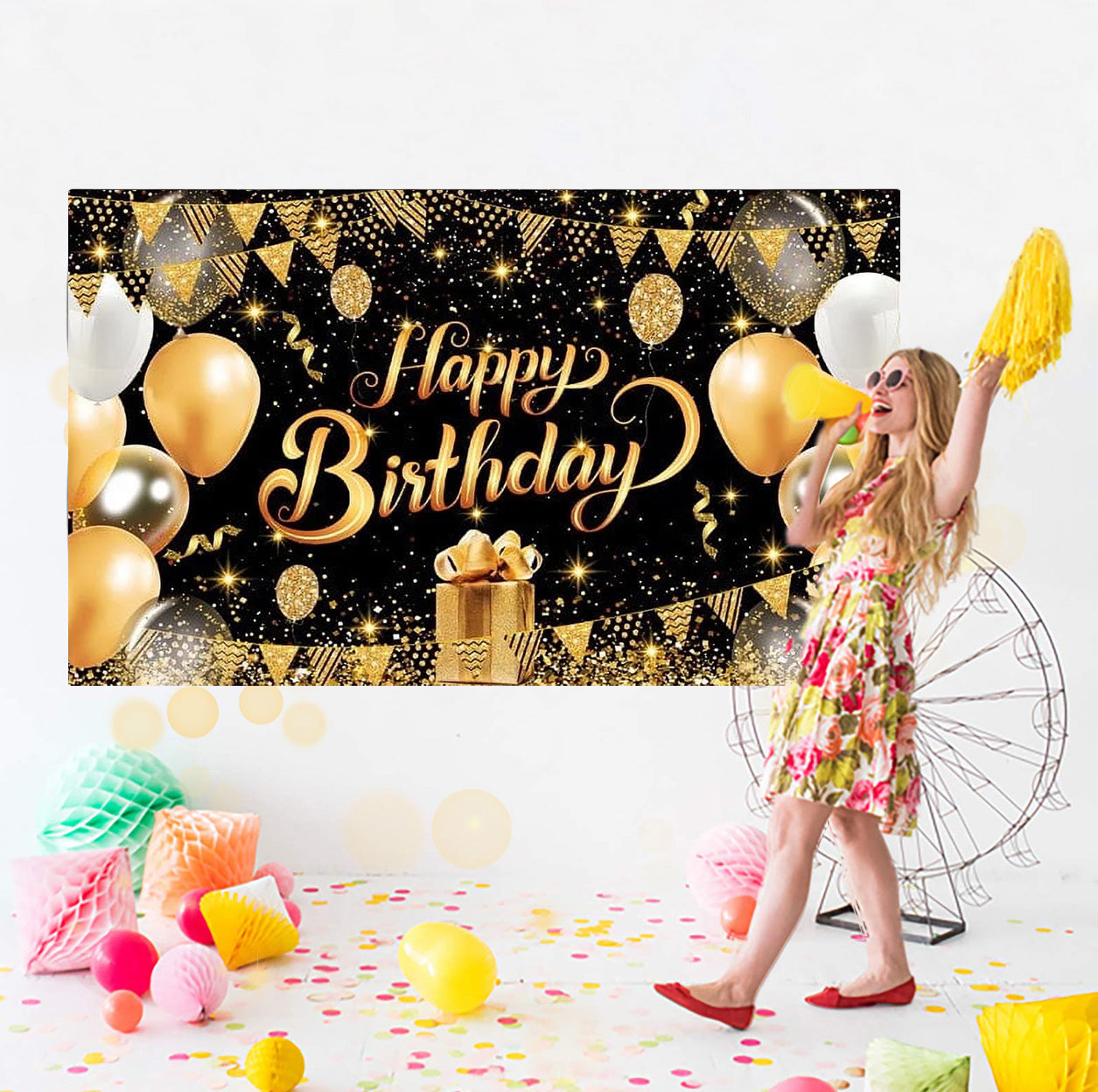 Happy Birthday Backdrop Banner Decoration Large Black Gold Balloon Star Party Sign Poster Photo Booth for Men Women 44" x 71" Glitter