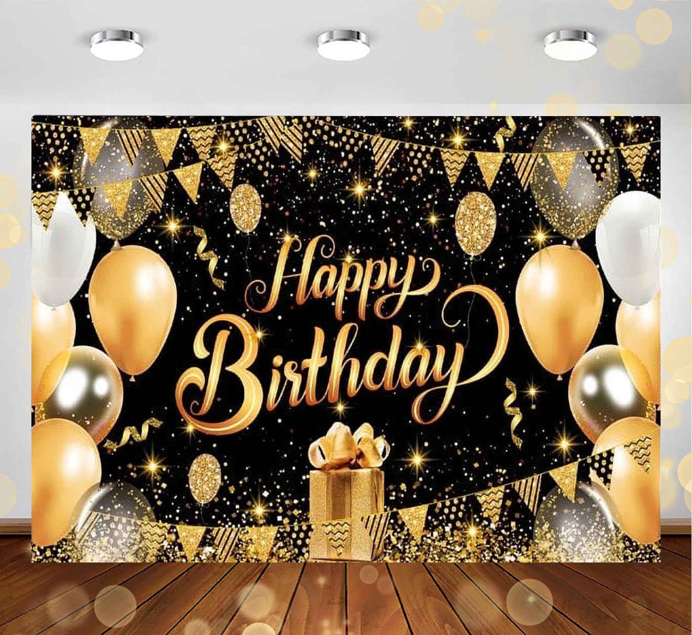 Happy Birthday Backdrop Banner Decoration Large Black Gold Balloon Star Party Sign Poster Photo Booth for Men Women 44" x 71" Glitter