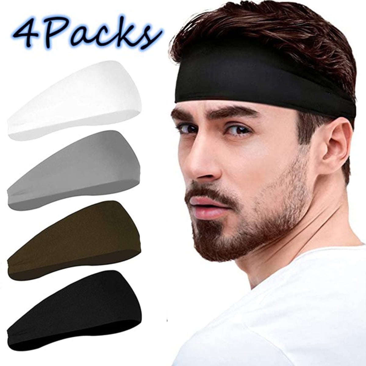 Kabuer Mens Headbands Sports Headband for Men Work Out Sweatband for Men Sweatband Sports Headband for Running Cycling Yoga Basketball Stretchy Moisture Wicking Unisex Hairband 4 Pack