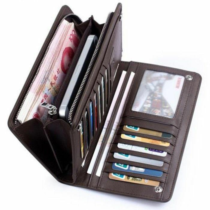 Mens Bifold Leather Wallet Large Capacity Long Wallet ID Card Holder Phone Bag