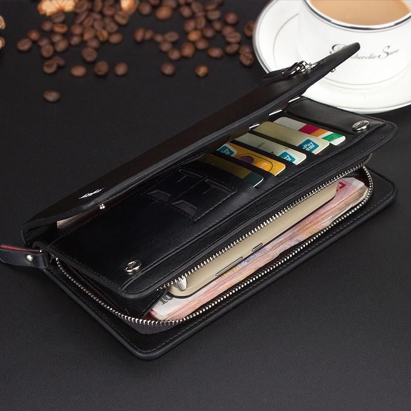 Black Mens Bifold Leather Zip Long Wallet ID Credit Card Holder Clutch Handbag