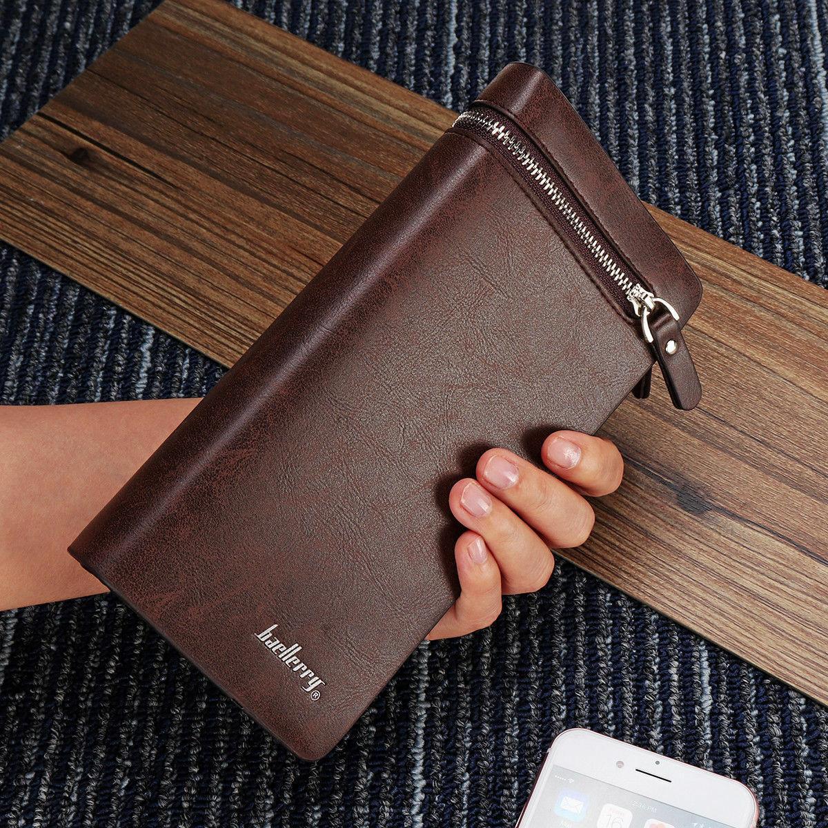 Mens Bifold Leather Wallet Large Capacity Long Wallet ID Card Holder Phone Bag