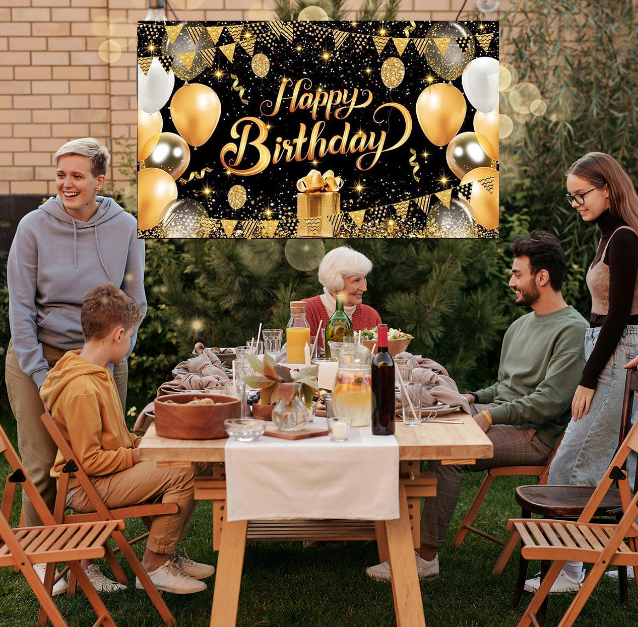 Happy Birthday Backdrop Banner Decoration Large Black Gold Balloon Star Party Sign Poster Photo Booth for Men Women 44" x 71" Glitter