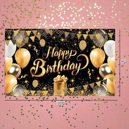 Happy Birthday Backdrop Banner Decoration Large Black Gold Balloon Star Party Sign Poster Photo Booth for Men Women 44" x 71" Glitter