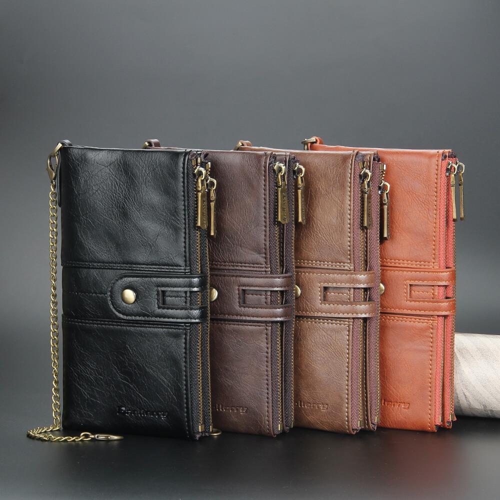 Mens RFID Wallet with Anti-Theft Chain Large Capacity Double Zipper Phone Purse