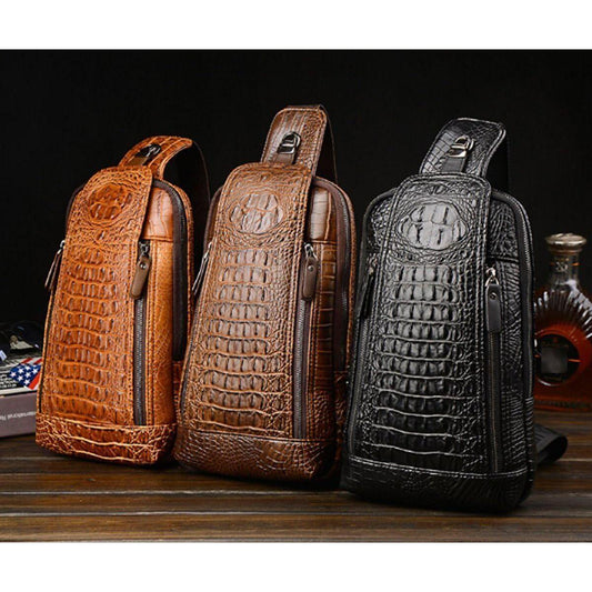 Mens Sling Bag Crocodile PU Shoulder Crossbody Chest Bag Satchels Hiking Daypack