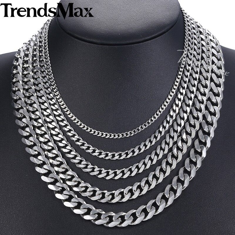 16-36" Stainless Steel Silver Chain Cuban Curb Womens Mens Necklace 3/5/7/9/11mm
