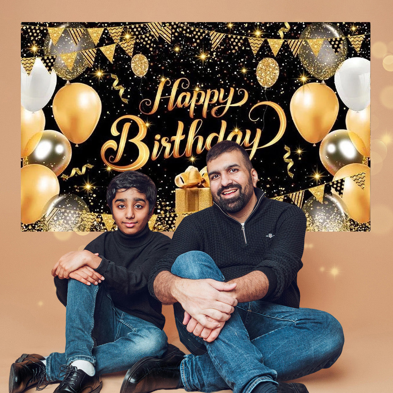 Happy Birthday Backdrop Banner Decoration Large Black Gold Balloon Star Party Sign Poster Photo Booth for Men Women 44" x 71" Glitter