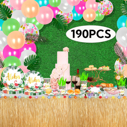 Metmetalrt Luau Party Supplies Hawaiian Tropical Paper Plates Aloha Hawaiian Balloons Table Skirt for Beach Birthday Party Favors Set 16 Guest 191PCS Pattern1