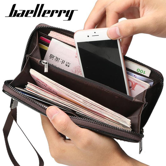 Men's Black Leather Wallet Zipper Long ID Card Holder Purse Clutch Wristband Bag