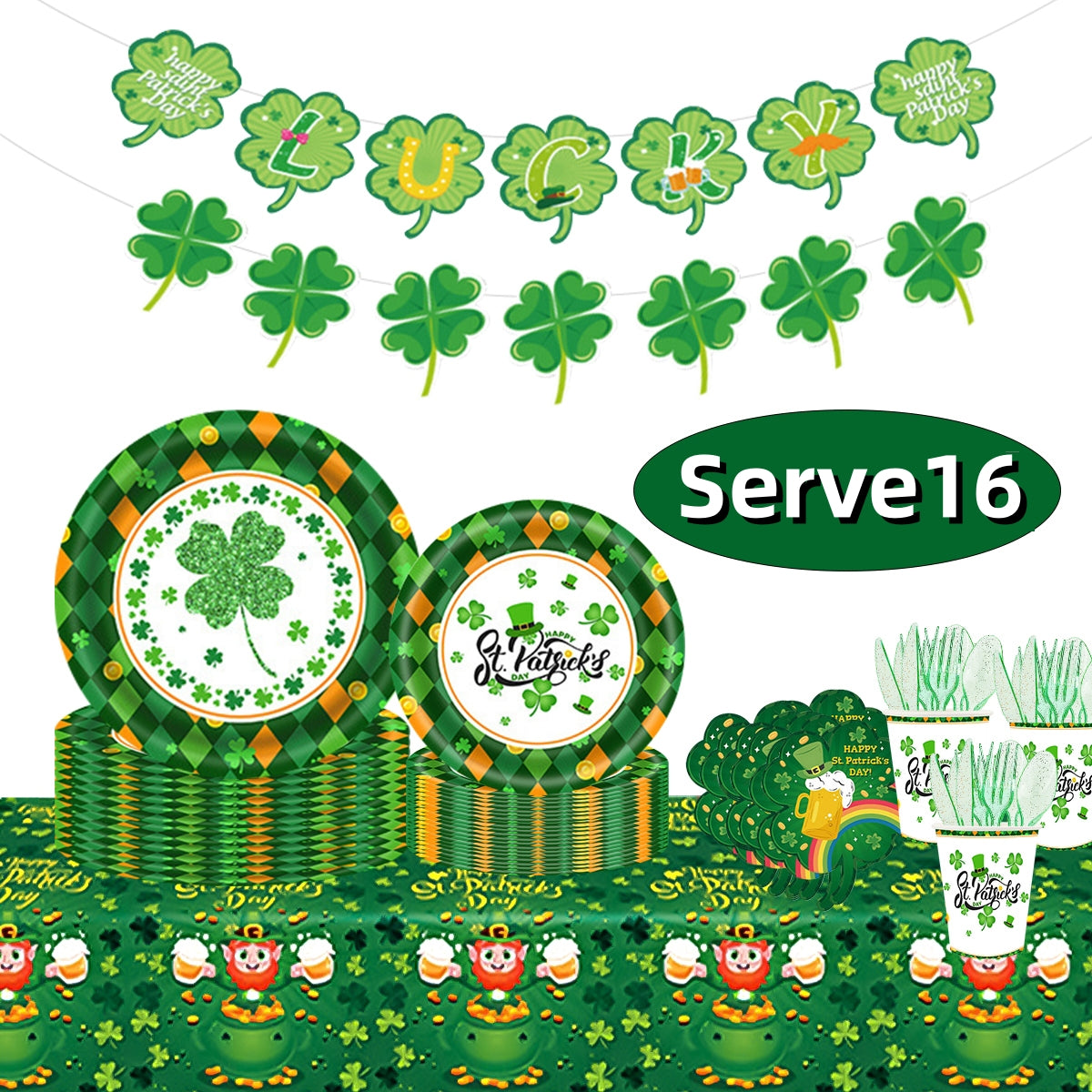 St. Patrick's Paper Plates Party Supplies Shamrock Decoration Cups Napkins Tableware Tablecloth Disposable for Irish Holiday Party Favor Accessories Serve 16 Design1