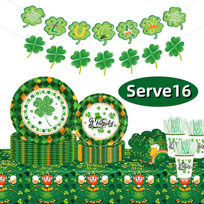 St. Patrick's Paper Plates Party Supplies Shamrock Decoration Cups Napkins Tableware Tablecloth Disposable for Irish Holiday Party Favor Accessories Serve 16 Design1