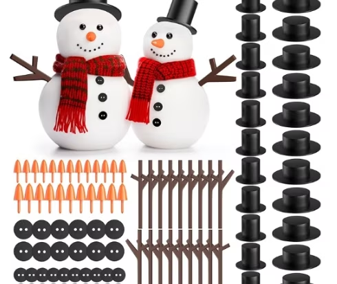 Christmas Snowman DIY Craft Kit with Mini Carrot Noses Buttons Magician Hats Trigeminal Hand Accessories for Christmas Party Supplies 200PCS Set 1