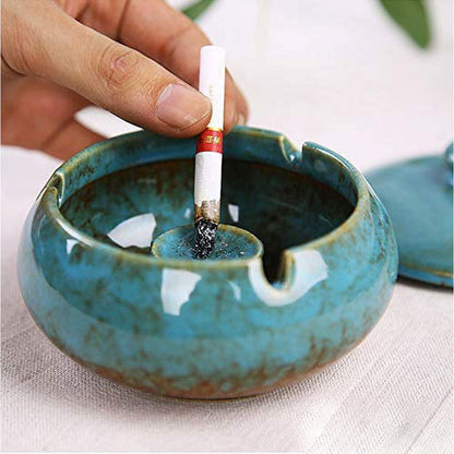 Ceramic Ashtray with Lids, Cigarette Ashtray for Indoor/Outdoor Use, Blue Porch Decorations, Tray for Home Office Decorations Ornaments