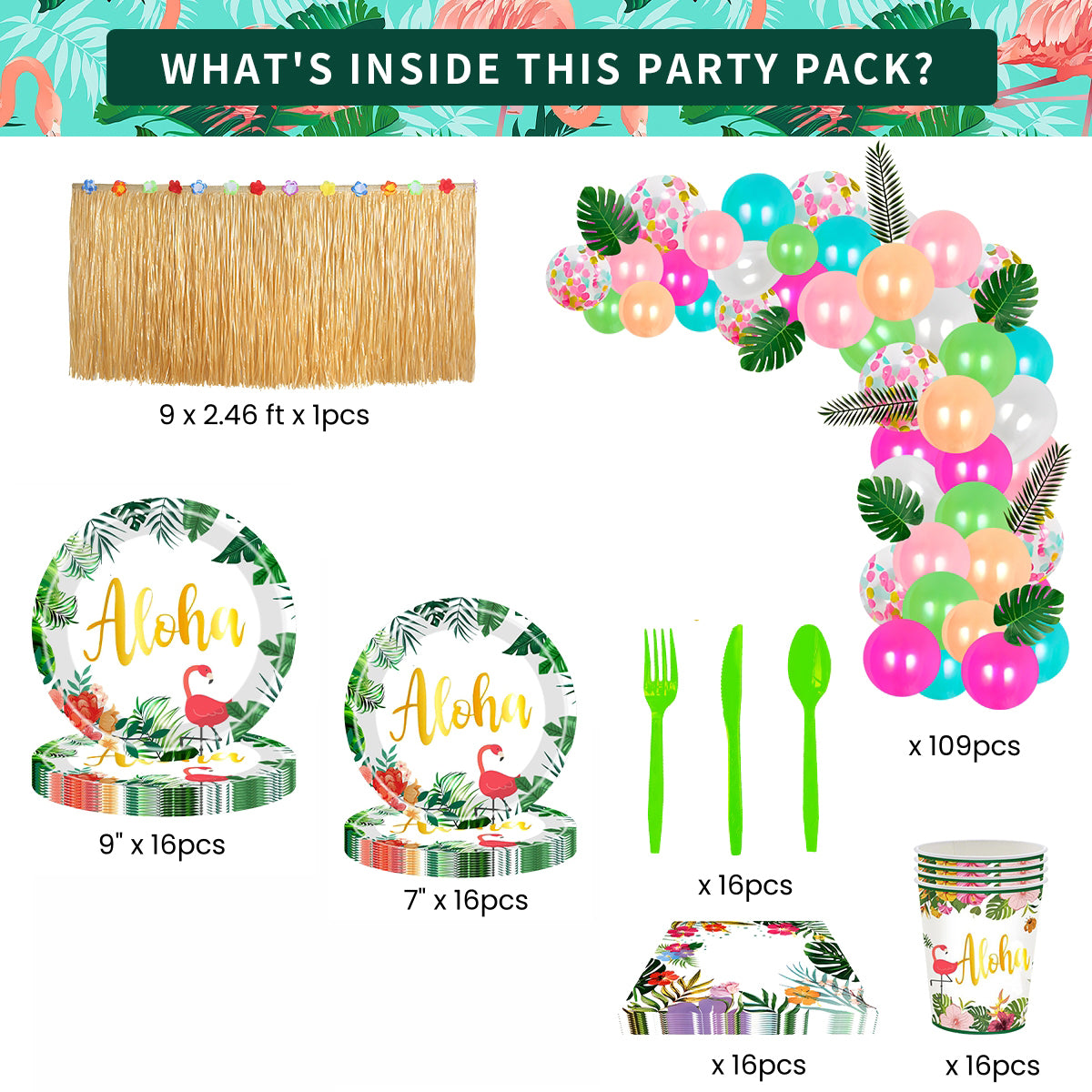 Metmetalrt Luau Party Supplies Hawaiian Tropical Paper Plates Aloha Hawaiian Balloons Table Skirt for Beach Birthday Party Favors Set 16 Guest 191PCS Pattern1