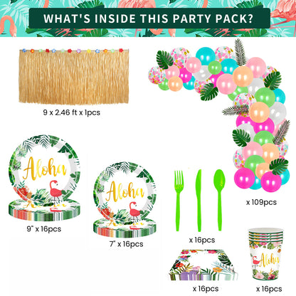 Metmetalrt Luau Party Supplies Hawaiian Tropical Paper Plates Aloha Hawaiian Balloons Table Skirt for Beach Birthday Party Favors Set 16 Guest 191PCS Pattern1