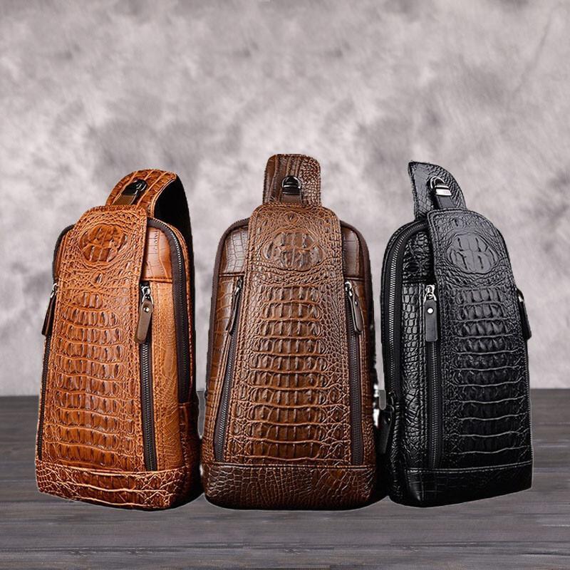 Mens Sling Bag Crocodile PU Shoulder Crossbody Chest Bag Satchels Hiking Daypack