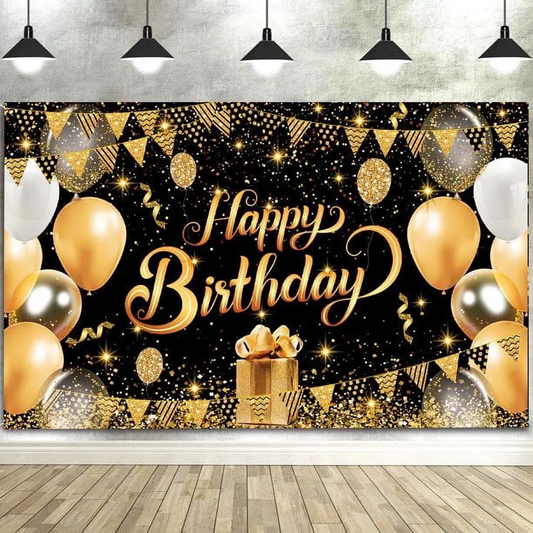 Happy Birthday Backdrop Banner Decoration Large Black Gold Balloon Star Party Sign Poster Photo Booth for Men Women 44" x 71" Glitter