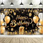 Happy Birthday Backdrop Banner Decoration Large Black Gold Balloon Star Party Sign Poster Photo Booth for Men Women 44" x 71" Glitter