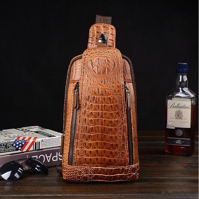 Mens Sling Bag Crocodile PU Shoulder Crossbody Chest Bag Satchels Hiking Daypack