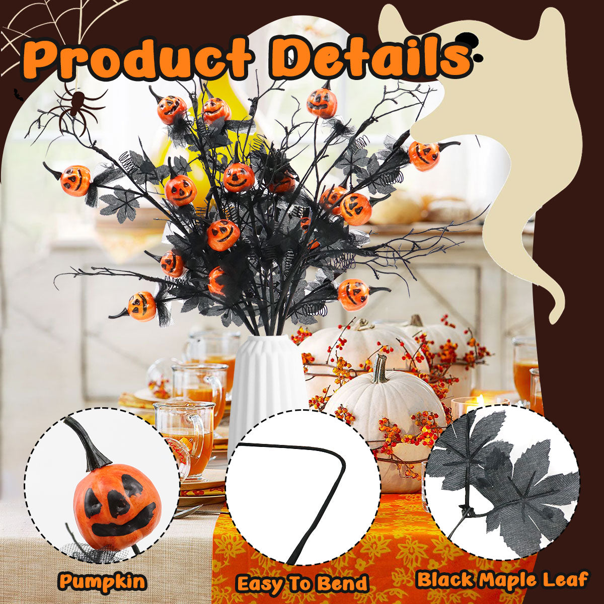 Halloween Artificial Pumpkin and Maple Leaf Floral Stems 6 Pack 19.5 Inch for Indoor Party Vase Arrangements