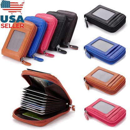 RFID Blocking Women Men Genuine Leather Wallet Credit Card Holder Zipper Pocket