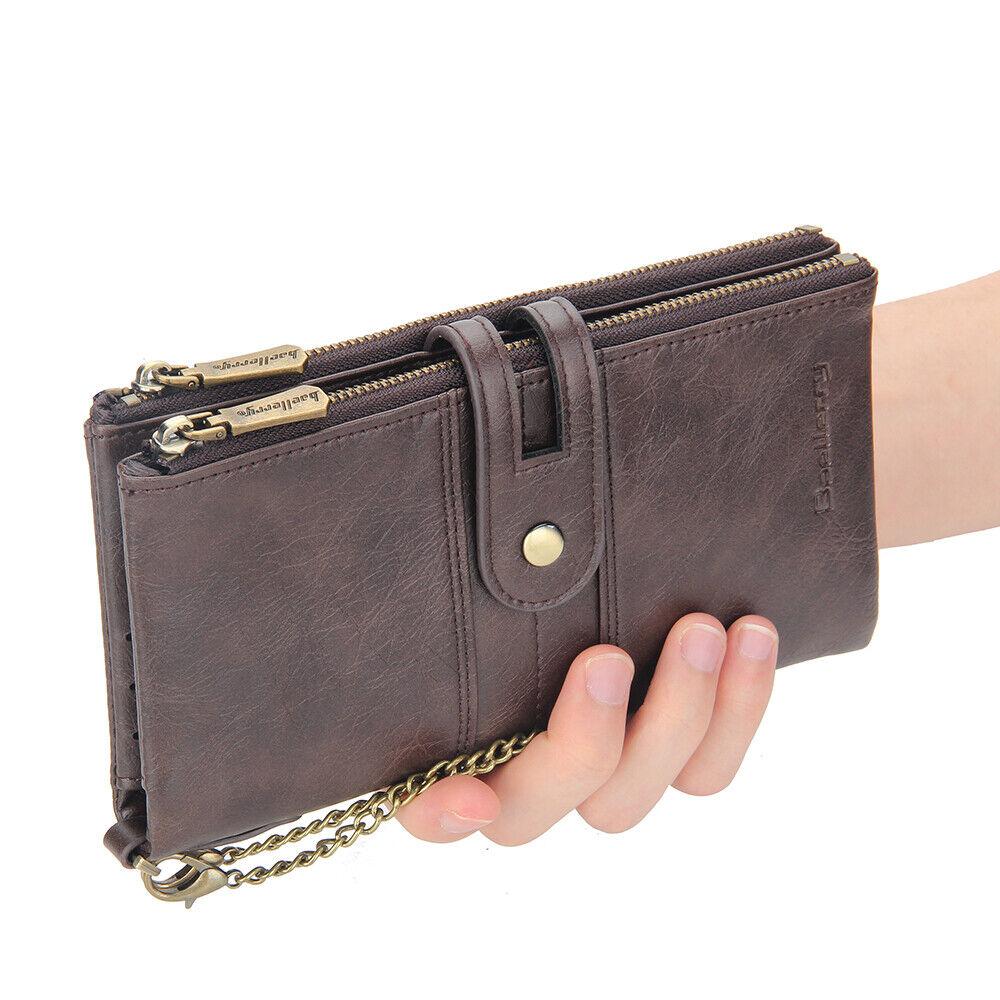 Mens RFID Wallet with Anti-Theft Chain Large Capacity Double Zipper Phone Purse