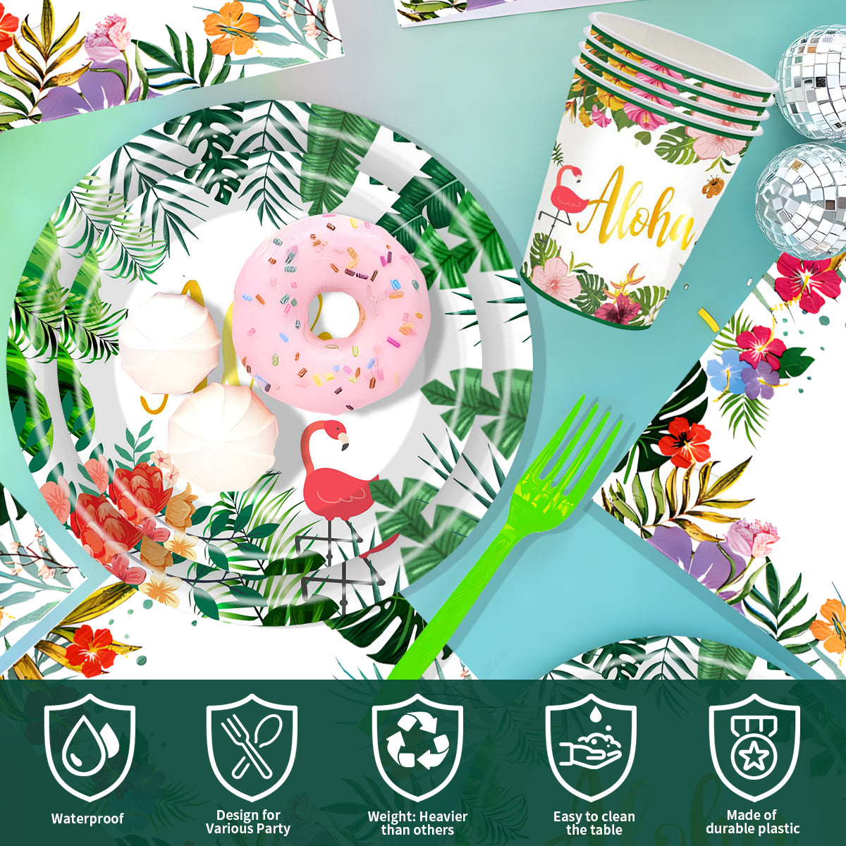 Metmetalrt Luau Party Supplies Hawaiian Tropical Paper Plates Aloha Hawaiian Balloons Table Skirt for Beach Birthday Party Favors Set 16 Guest 191PCS Pattern1