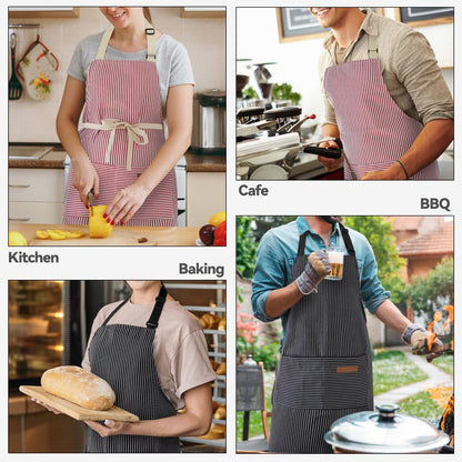 2 Pack Cooking Aprons for Women Men with 2 Pockets, 29.5" x 26.8" (Black Pinstripes/Pink Pinstripes)