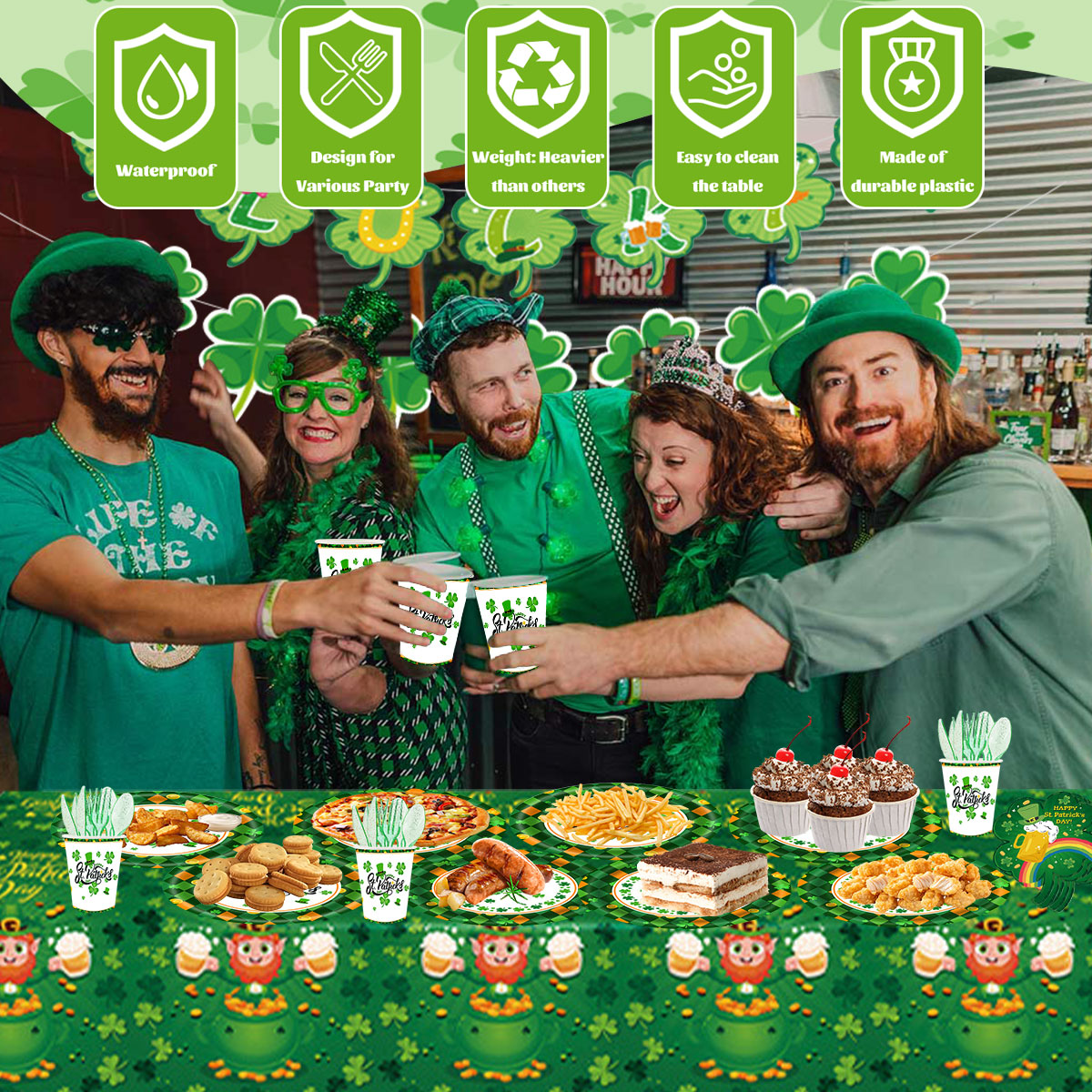 St. Patrick's Paper Plates Party Supplies Shamrock Decoration Cups Napkins Tableware Tablecloth Disposable for Irish Holiday Party Favor Accessories Serve 16 Design1