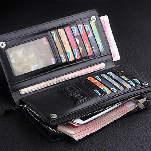 Black Mens Bifold Leather Zip Long Wallet ID Credit Card Holder Clutch Handbag