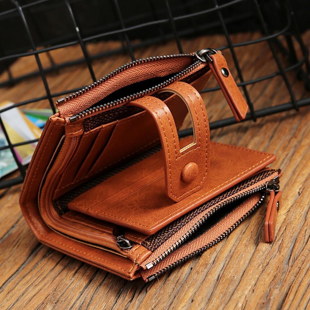 Genuine Leather Zipper Wallet Short RFID Blocking Bifold Big Capacity Coin Purse