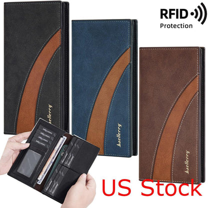 RFID Mens Long Bifold Wallet Leather Multi-Card Cash Phone Holder Purse Wallet