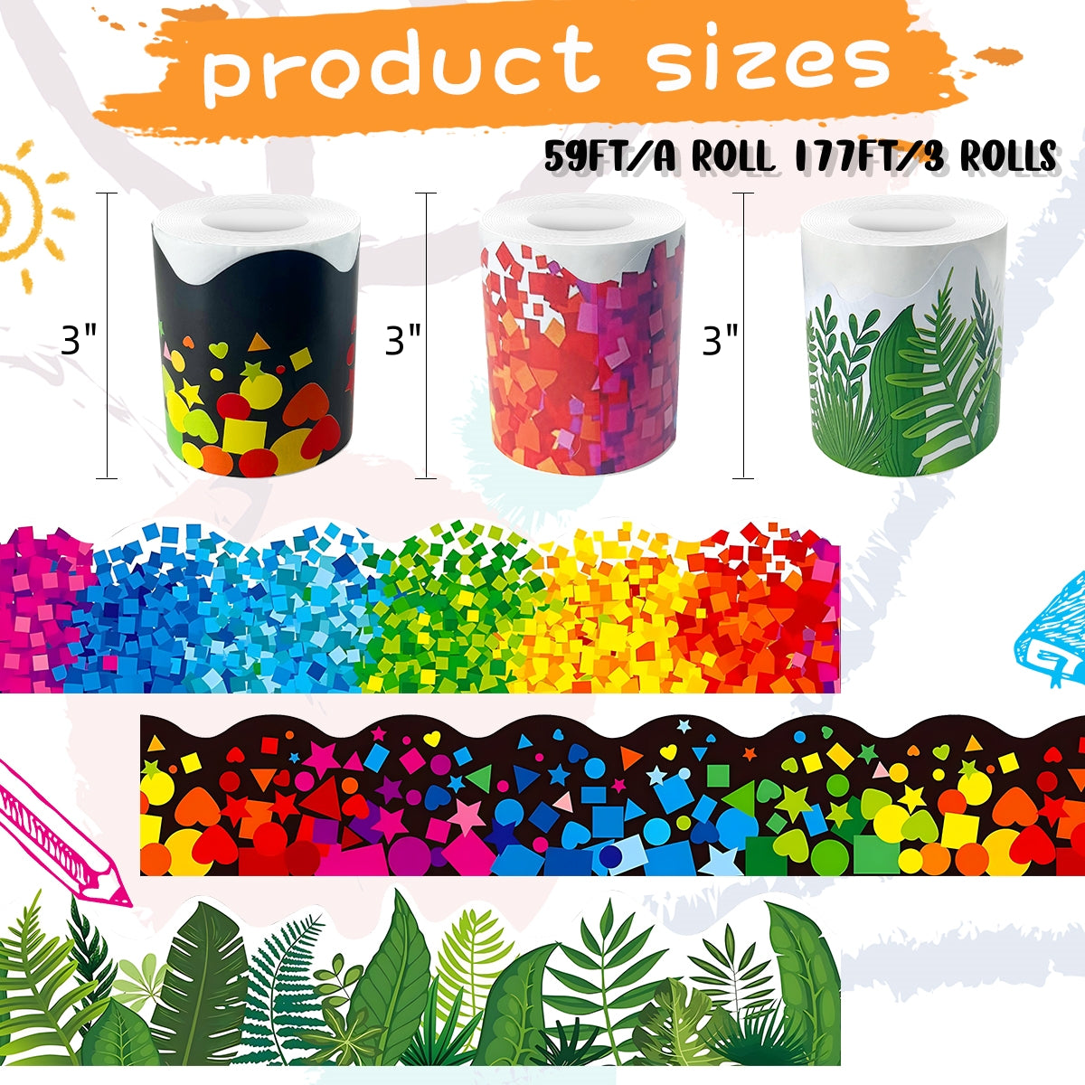 Bulletin Board Border Trim Decorations Confetti Scalloped Rolled Classroom Decoration for School Teacher Classroom Supplies 3Rolls 177ft Set1