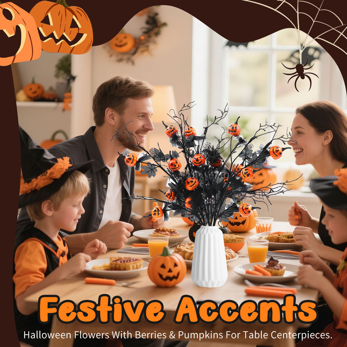 Halloween Artificial Pumpkin and Maple Leaf Floral Stems 6 Pack 19.5 Inch for Indoor Party Vase Arrangements