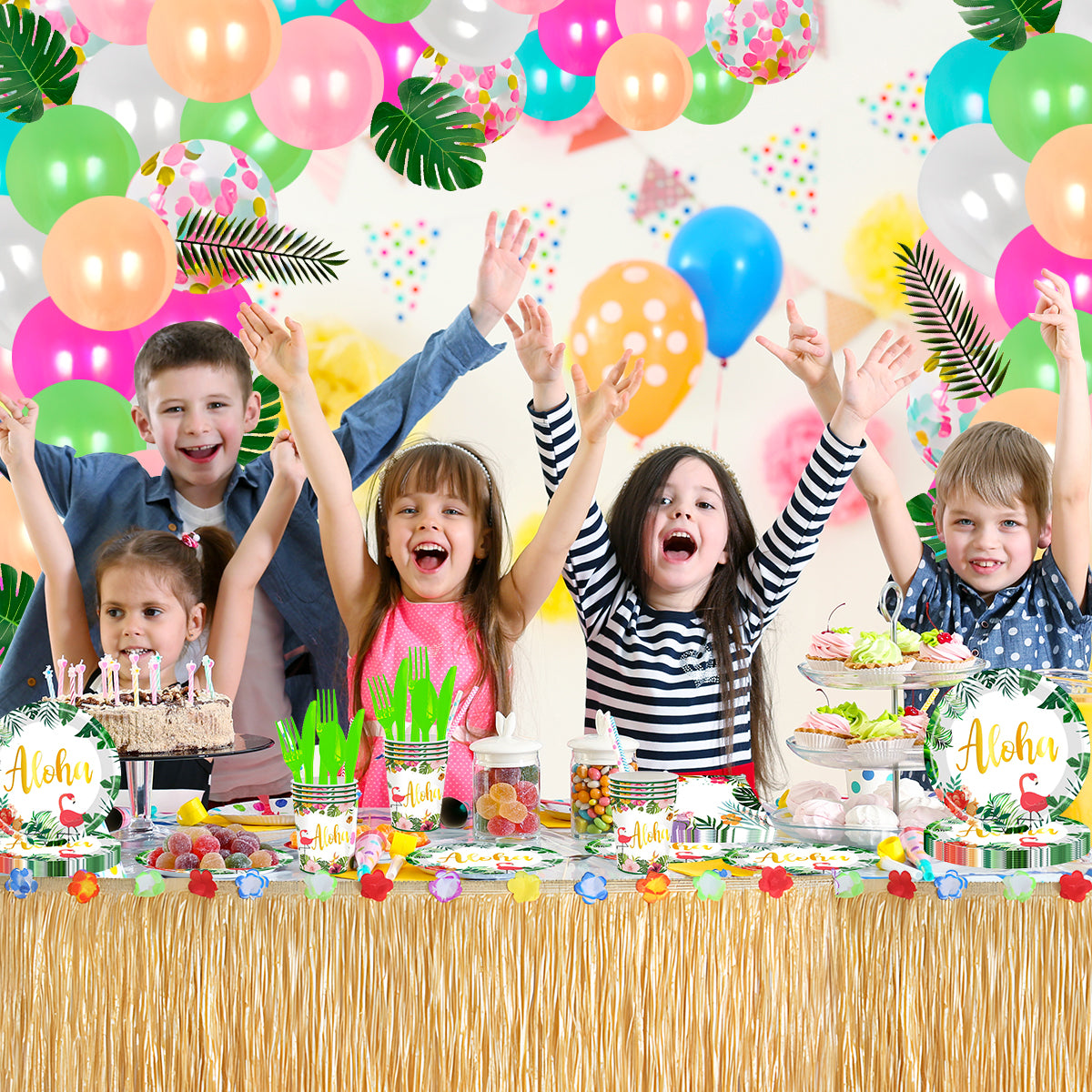 Metmetalrt Luau Party Supplies Hawaiian Tropical Paper Plates Aloha Hawaiian Balloons Table Skirt for Beach Birthday Party Favors Set 16 Guest 191PCS Pattern1