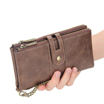 Mens RFID Wallet with Anti-Theft Chain Large Capacity Double Zipper Phone Purse