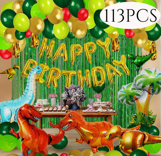 Dinosaur Birthday Party Decorations with Balloons, Arch Garland Kit, HAPPY BIRTHDAY Balloons, and Curtains in Gold and Green for Dino Themed Kid's Party, Shower, or Celebration 113Pcs