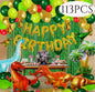 Dinosaur Birthday Party Decorations with Balloons, Arch Garland Kit, HAPPY BIRTHDAY Balloons, and Curtains in Gold and Green for Dino Themed Kid's Party, Shower, or Celebration 113Pcs