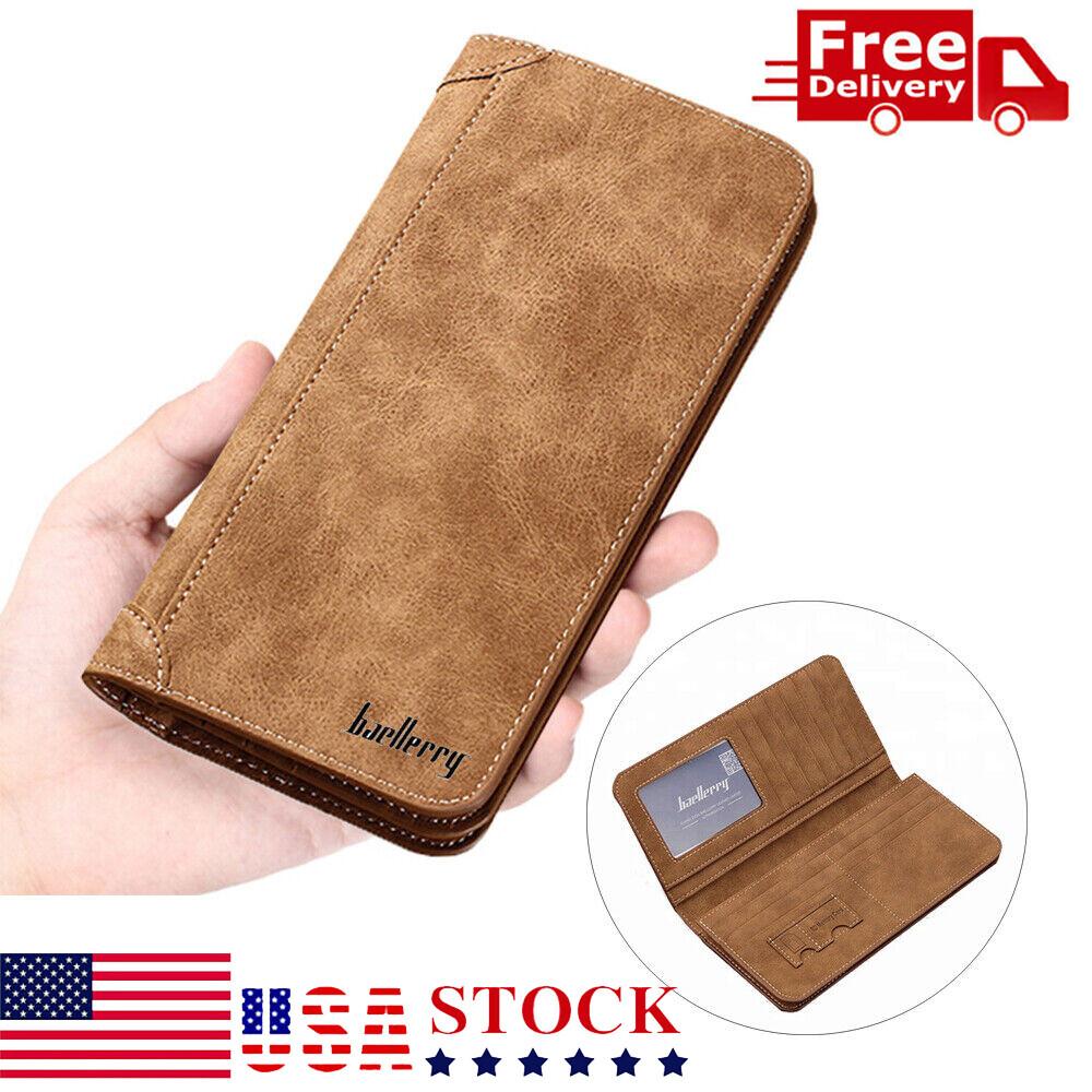 Leather Long Bifold Wallet for Men Cash Card Wallet Checkbook Credit Card Holder