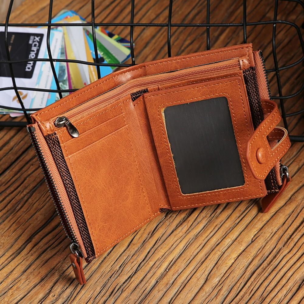 Genuine Leather Zipper Wallet Short RFID Blocking Bifold Big Capacity Coin Purse