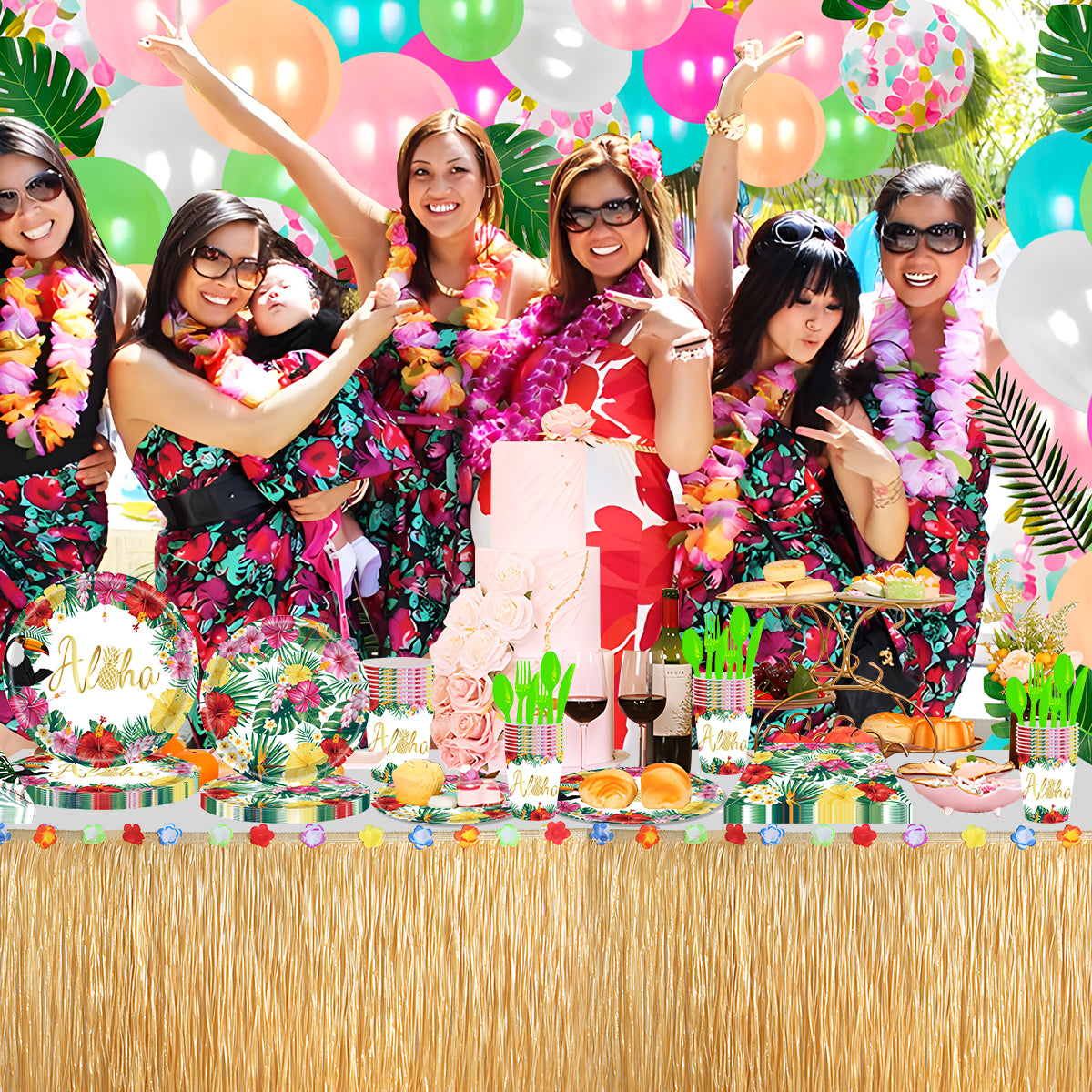 Metmetalrt Luau Party Supplies Hawaiian Tropical Paper Plates Aloha Hawaiian Balloons Table Skirt for Beach Birthday Party Favors Set 16 Guest 191PCS Pattern1