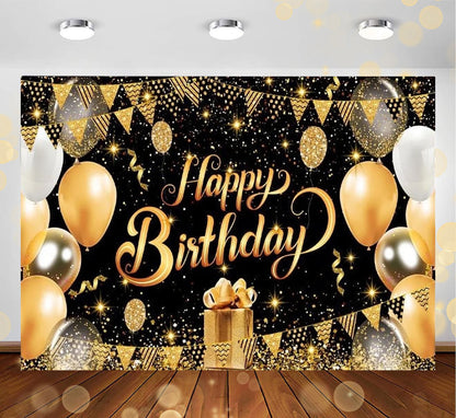 Happy Birthday Backdrop Banner Decoration Large Black Gold Balloon Star Party Sign Poster Photo Booth for Men Women 44" x 71" Glitter