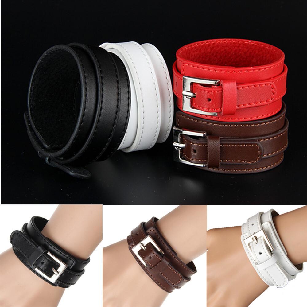 New Men Punk Wide PU Leather Belt Wristband Cuff Bracelet Bangle Adjustable